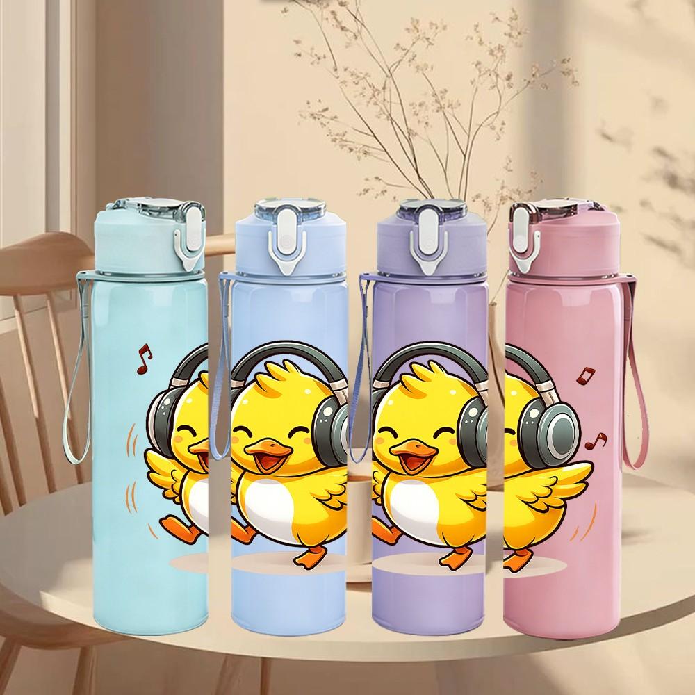 1PC Duckling With Headphone 750ml Color Plastic Sports Water Bottle Leakproof Flip Straw Lid Suitable for Sports Office Home Use
