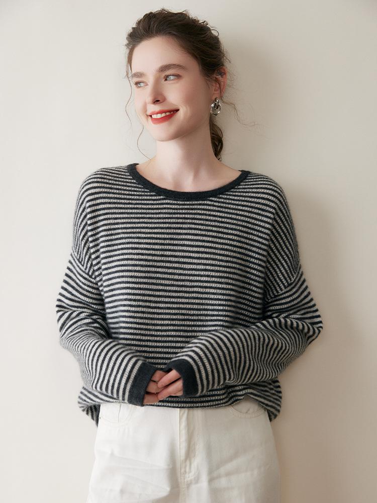 Women's Trendy Striped Cashmere Knit Pullover Sweater - Round Neck, Long Sleeve, Autumn/Winter Casual Wear