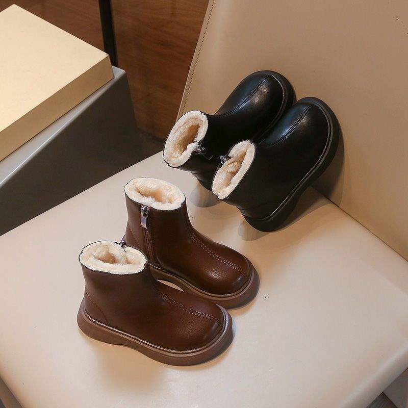 2025 Winter New Boots Fleece Leather Boots Children's Short Boots Soft Sole Boys and Girls Large Cotton Warm Martin Boots