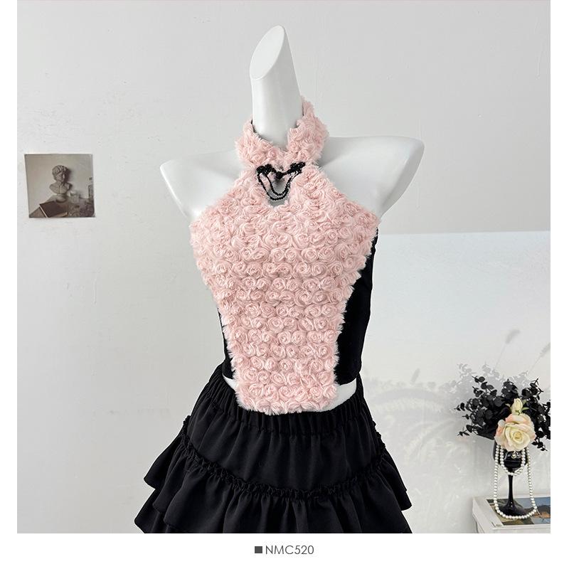 Women s 3D Flower Off-Shoulder Halter Top - Sexy Open Back Slim Fit, Autumn 2025 One Size