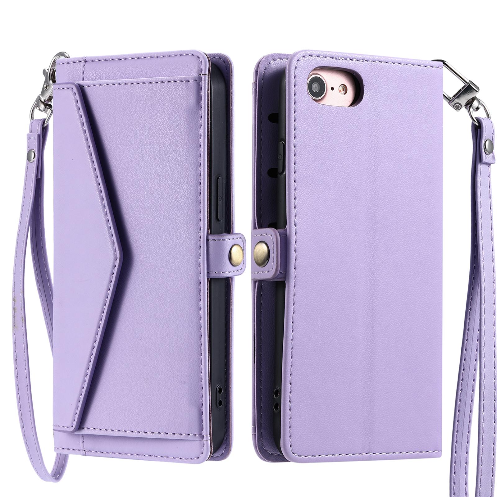 

For iPhone 16e Leather Case with Wrist Strap Wallet Stand Phone Cover Purple