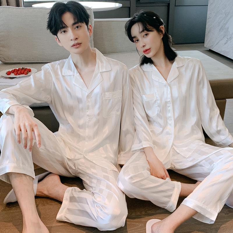 Wide White Couple Pajamas Women's Ice Silk Long-sleeved Men's Casual Plus Fat Summer Thin Loungewear Set