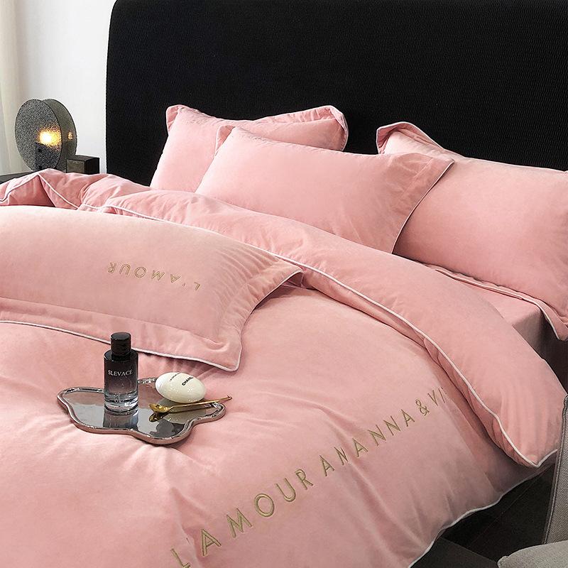 Class A baby velvet four-piece set baby velvet solid color embroidered milk velvet bed three-piece set flannel sheet quilt cover duvet cover