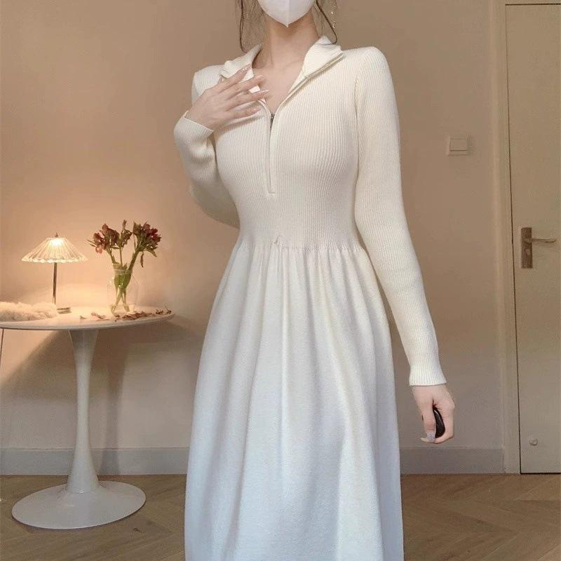 

Autumn and winter new temperament elegant zipper inner dress women s waist thin medium and long knee A-shaped sweater skirt one size fits all