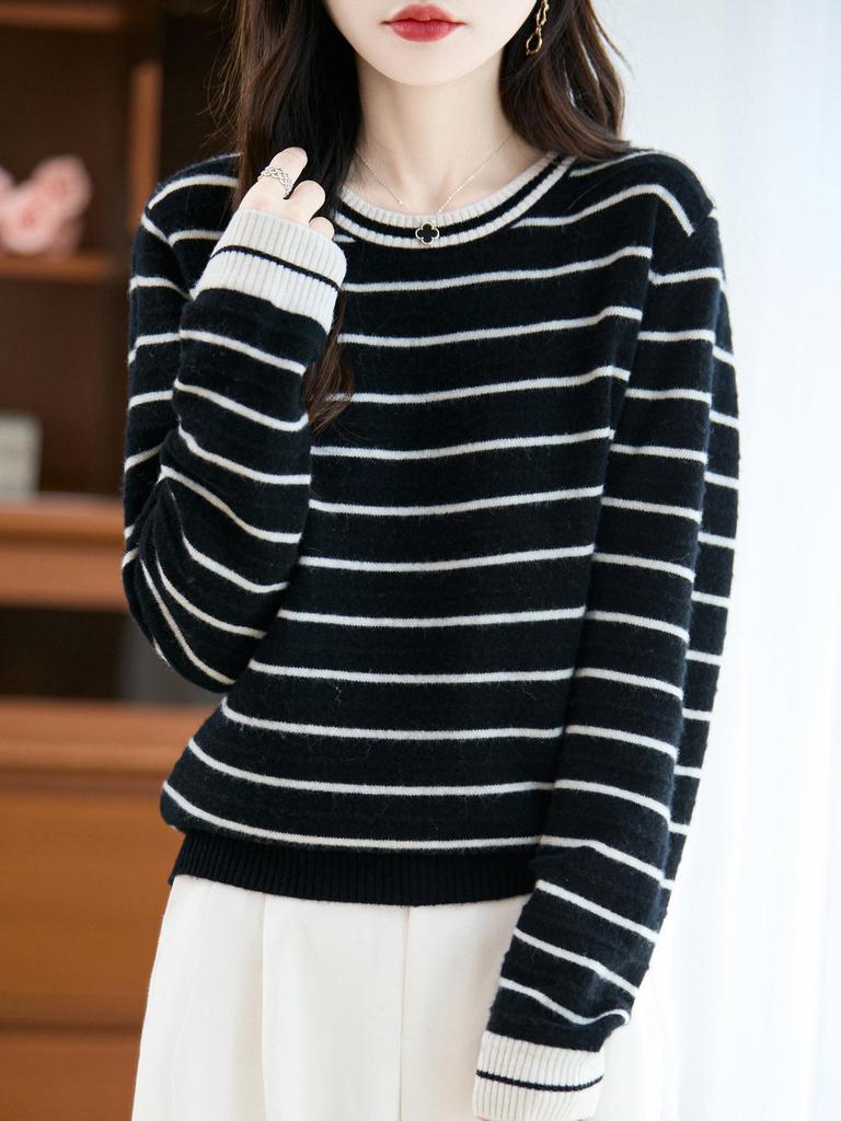 Women's Autumn 2025 Striped Cashmere Knit Sweater - Round Neck & Long Sleeve, Loose Fit