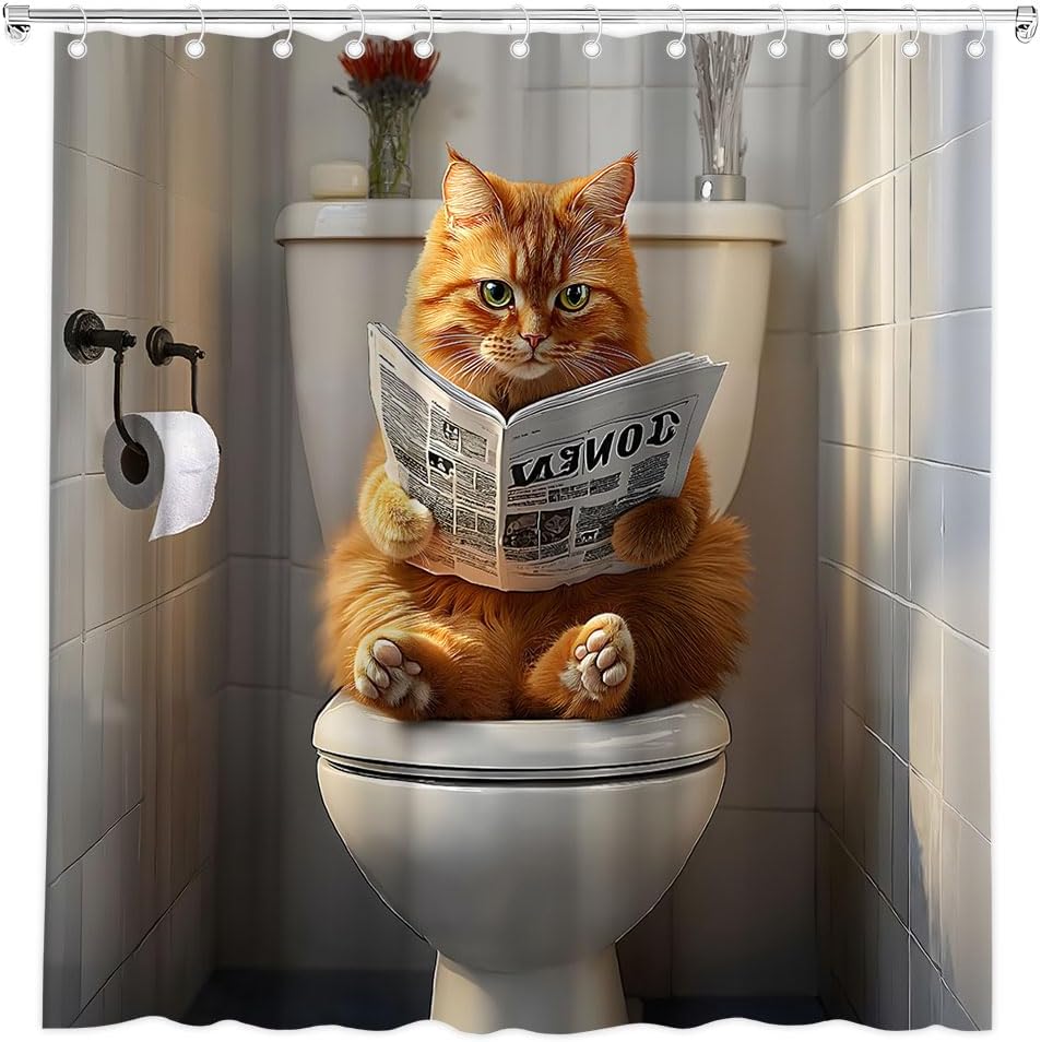 Funny Cat Shower Curtain Orange Cat On Toilet Reading Newspaper Lovely Kitten Cute Pet Bath Curtain Fabric Bathroom Accessories W60H190(CM)-1 Pcs