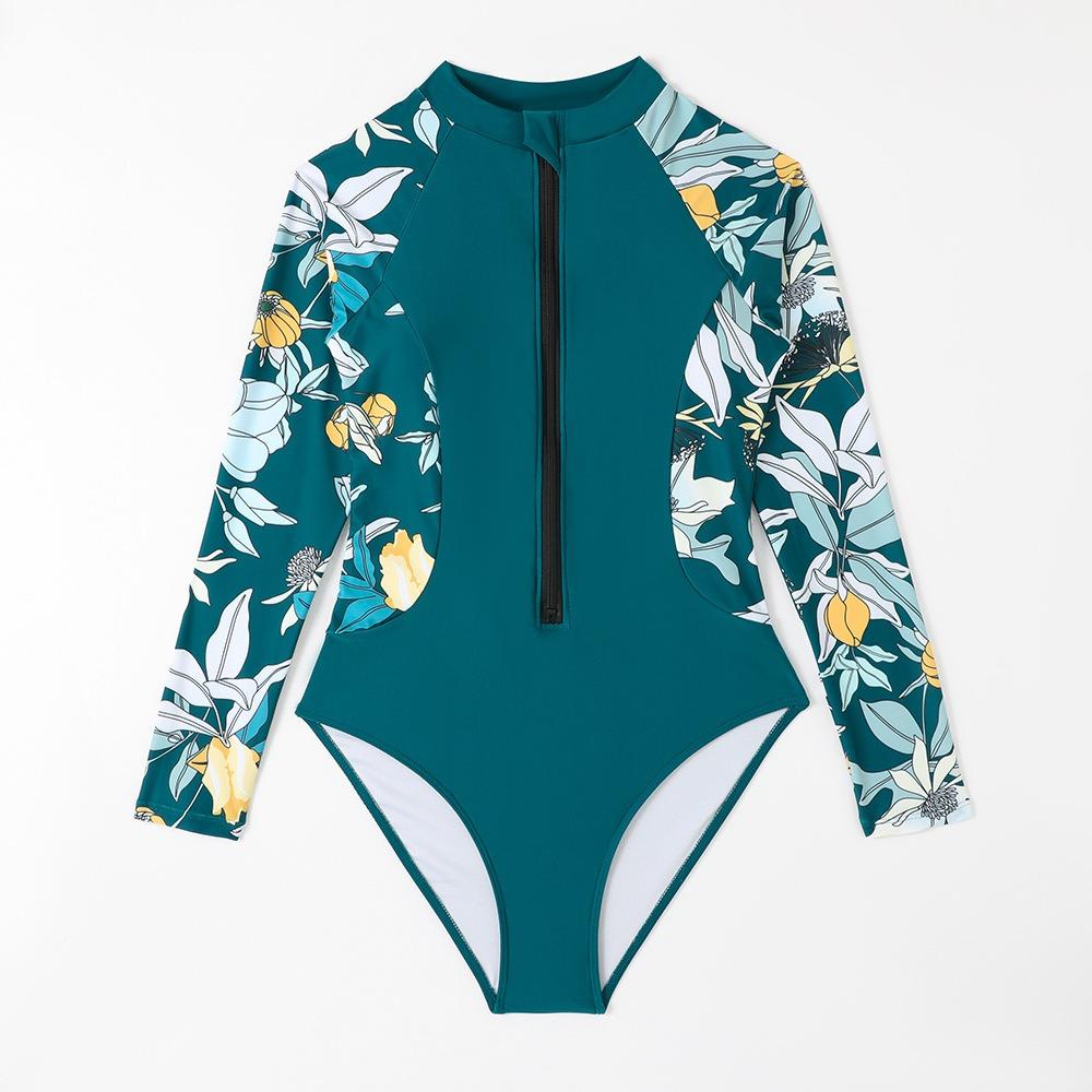 Diving Suit Printed Long Sleeve Sun Protection Slimming Zipper Triangle Women's Swimsuit