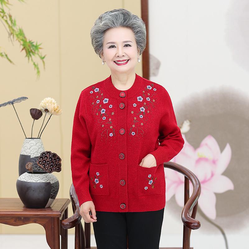Embroidered Velvet-Enhanced Warm Cardigan for Women Aged 60-70
