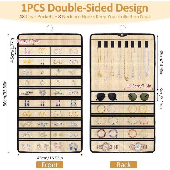 Hanging Jewelry Organizers and Storage, Double-Sided Jewelry Necklace Holder for Jewelries, Earrings, Accessories, Rings on Closet, Door, Wall