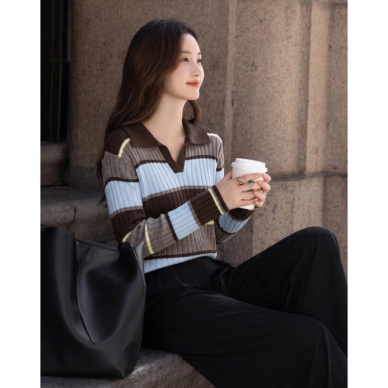 Women s Fluffy Lamb Wool Striped Lapel Knit Sweater M