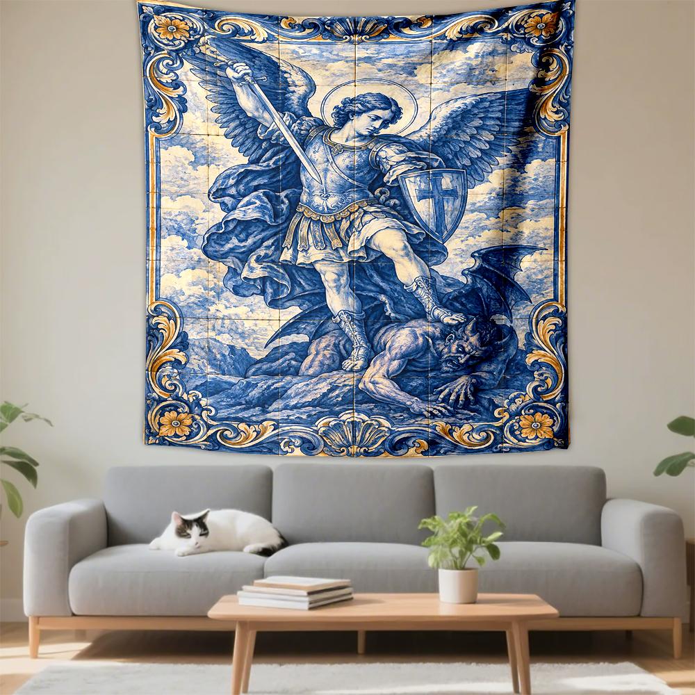 Archangel Michael Blue Azulejo Tiles Demon Slayer Spiritual Decor Decorative Wall Tapestry for Bohemian Home Wall