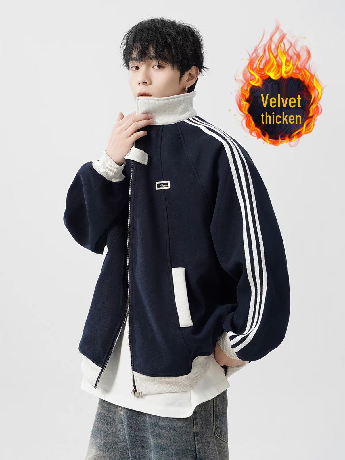 Men s Trendy American Style Baseball Hoodie: Velvet Thickened Patchwork Sport Jacket with High Street Stripes for Autumn XXL