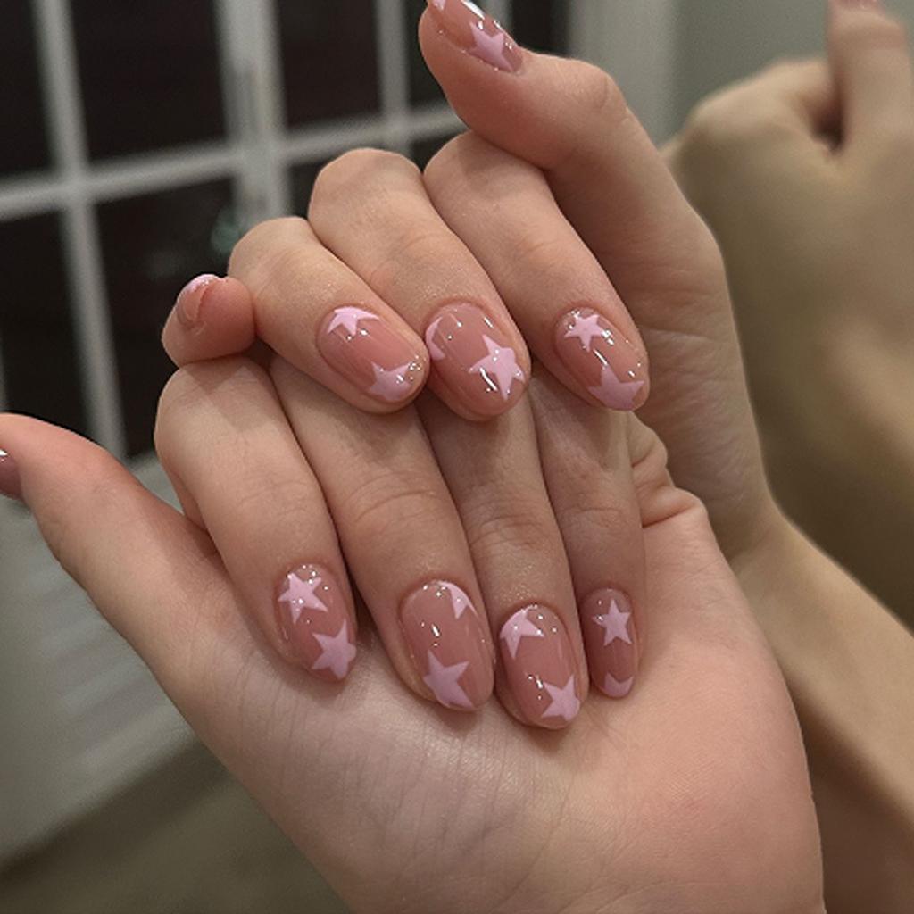 24Pcs Short Round Head Fake Nails Full Cover Wearable Press On Nails Y2K Pink Star Printed Spicy Girls Charms False Nails