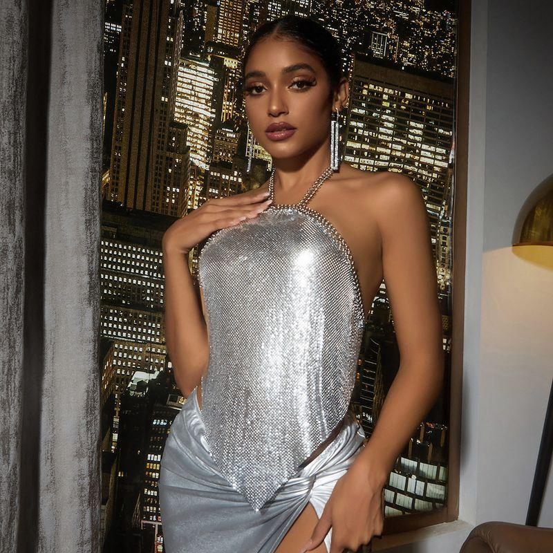 Sequin Top Slim Fit Open Back Strap Sequin Patchwork Top Slim Fit Backless Sling Silver One size fits all