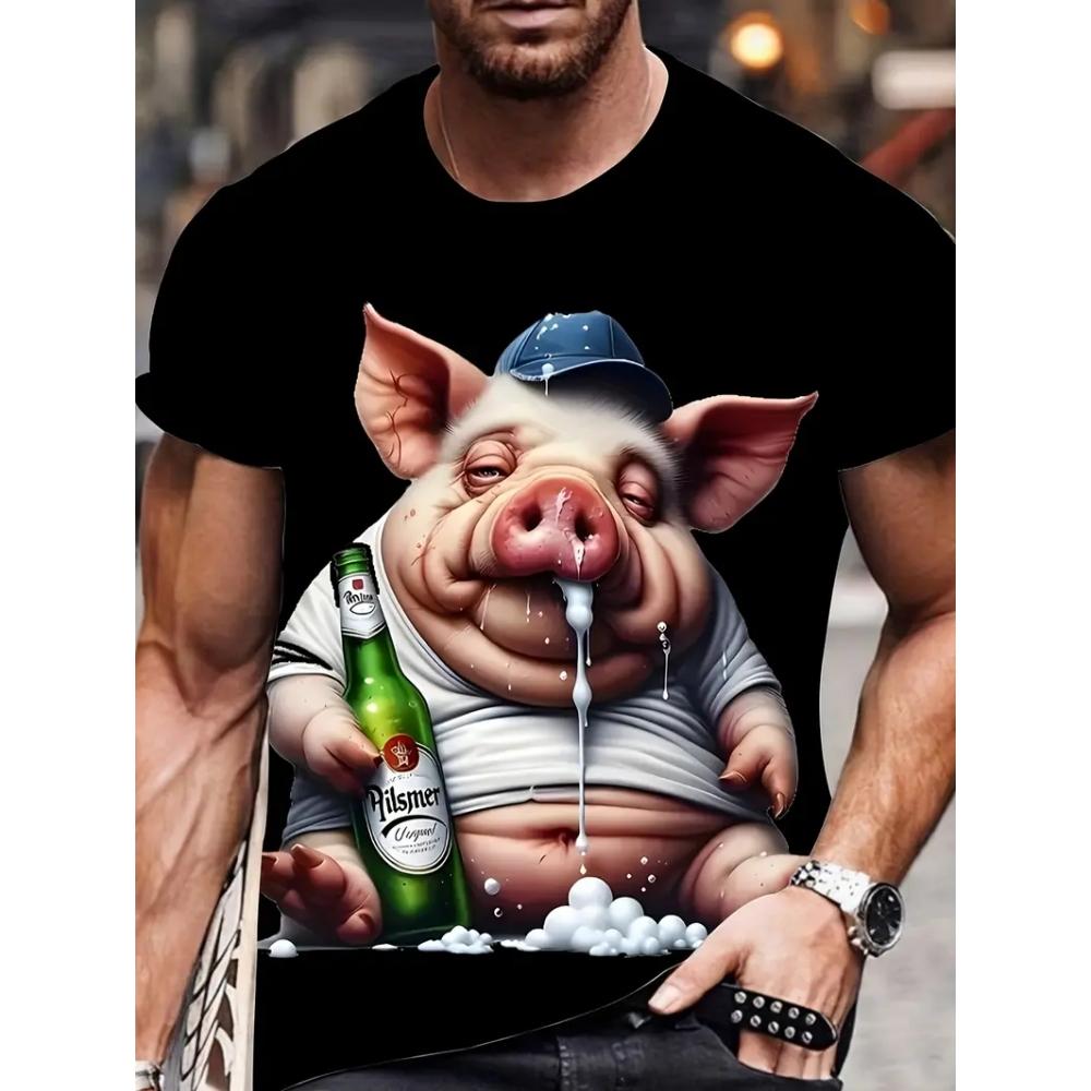 Herren Lustiges Schwein T-Shirt Niedliche Cartoon 3D Druck Kurzarm für Mann Rundhals T-Shirts Polyester Oberteile Outdoor Schnelltrocknend Herrenbekleidung