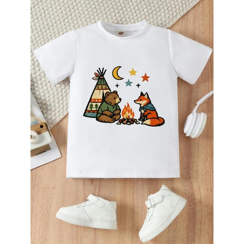 

European sizes A Casual Short-Sleeve T-Shirt for Girls Featuring a Cute Bear And Fox Print, Perfect for Outdoor Activities in Spring And Summer 164cm