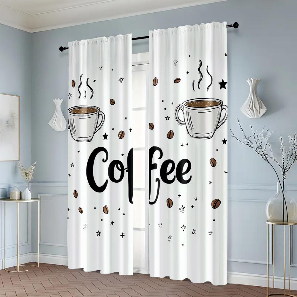2pcs, Creative Curtains Two cups of coffee Machine Washable Fabric (without rod) Decorations Outdoor Ldeal for Bedroom, Living