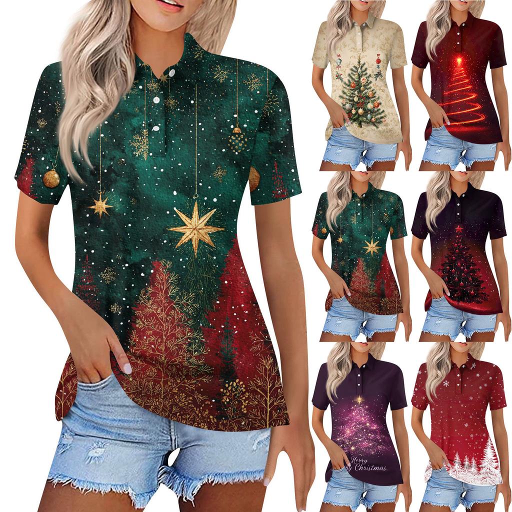 Dámská móda Ležérní klopa Krátký rukáv Vánoční potisk Košile Dámské knoflíkové topy