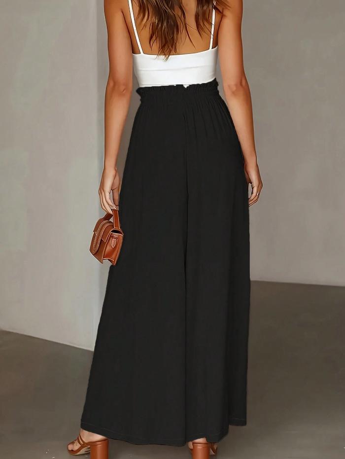 New European American Style Women's Summer Casual High Waist Wide Leg Long Culottes Trousers With Elastic Waistband