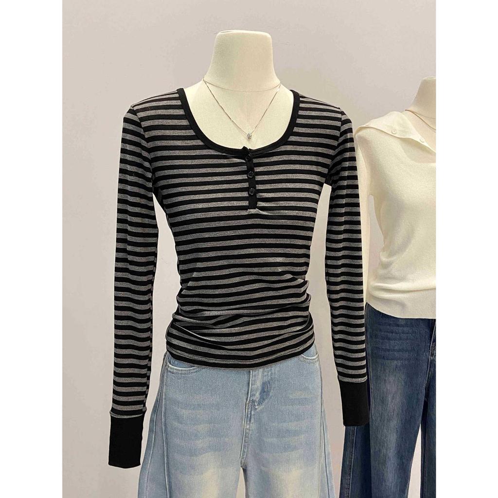 Women's European Stripe U-Neck Long-Sleeve Base Layer Shirt, Straight Shoulder Design, Spring Wear