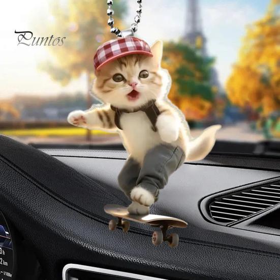 Adorable Cat Hanging Ornament Car Rearview Mirror Pendant with Lanyard Easy To Hang Animal Cat-Shaped Xmas Tree Pendant