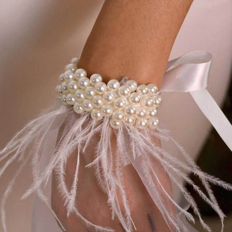 Guanti da Sposa Regolabili con Laccio e Perle Eleganti Comodo Accessorio per Addio al Nubilato Guanti Trasparenti per Festa Nuziale