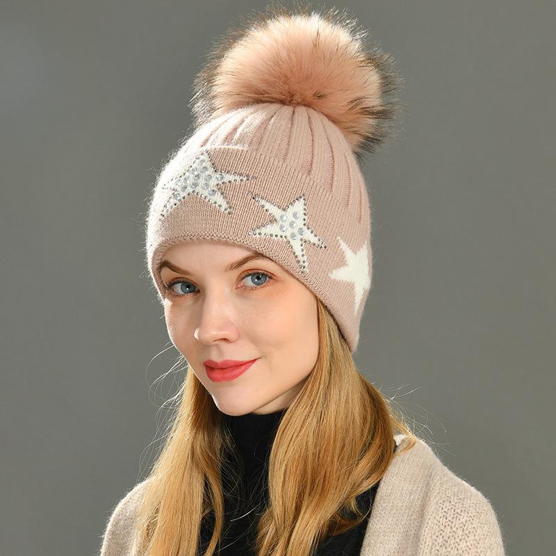 Versatile five-pointed star rabbit plush wool hat with drill outdoor autumn and winter fashion knitted hat warm ear protection windproof