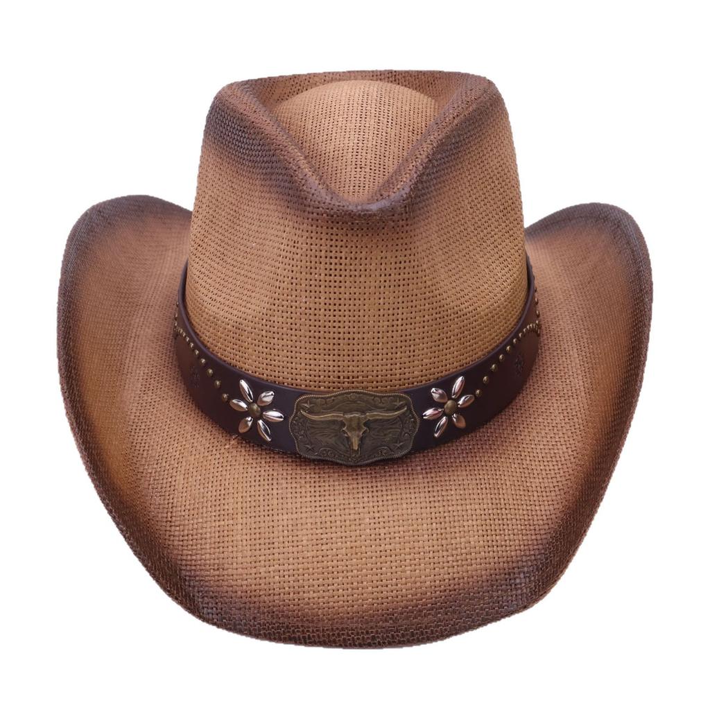 Cappello di paglia parasole a parola singola cappello di paglia cappello da cowboy jazz western etichetta testa di mucca cintura cappello decorativo