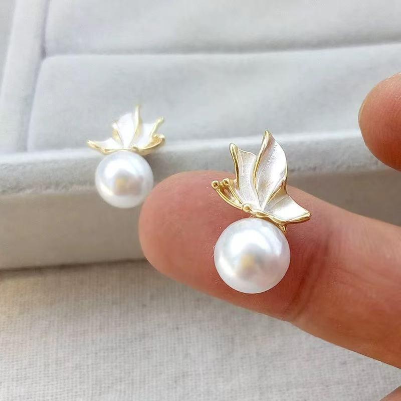 Silver Needle Oil-Drop Leaf Pearl Earrings, Women'S Elegant Pearl Stud Earrings Jewelry Gift