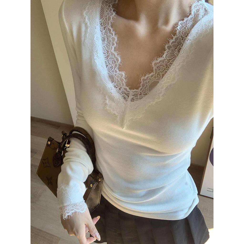 White Lace Patchwork V-Neck Slim Fit Long Sleeve Top for Women - Autumn/Winter Base Layer T-shirt