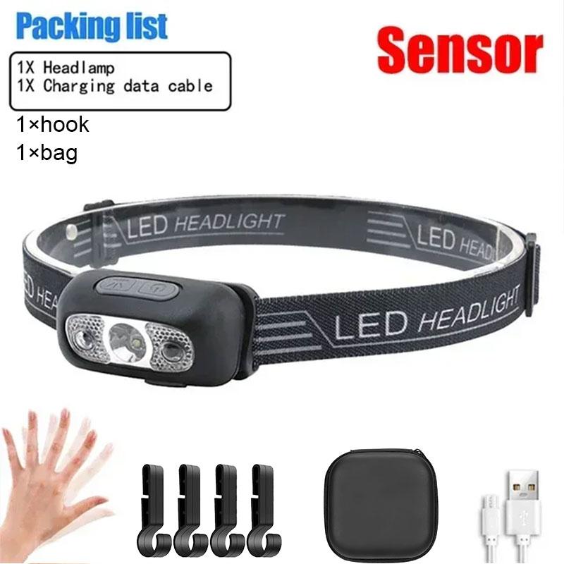 Mini Ultra-bright Sensor Industrial Headlamp USB Rechargeable Head Flashlight for Outdoor Camping Fishing Emergency Lantern