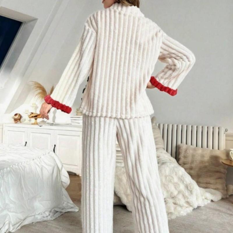 Womens Thick Fleece Jacquard Pajama Set Long Sleeve Round Neck Lounge Wear Winter Home Comfort