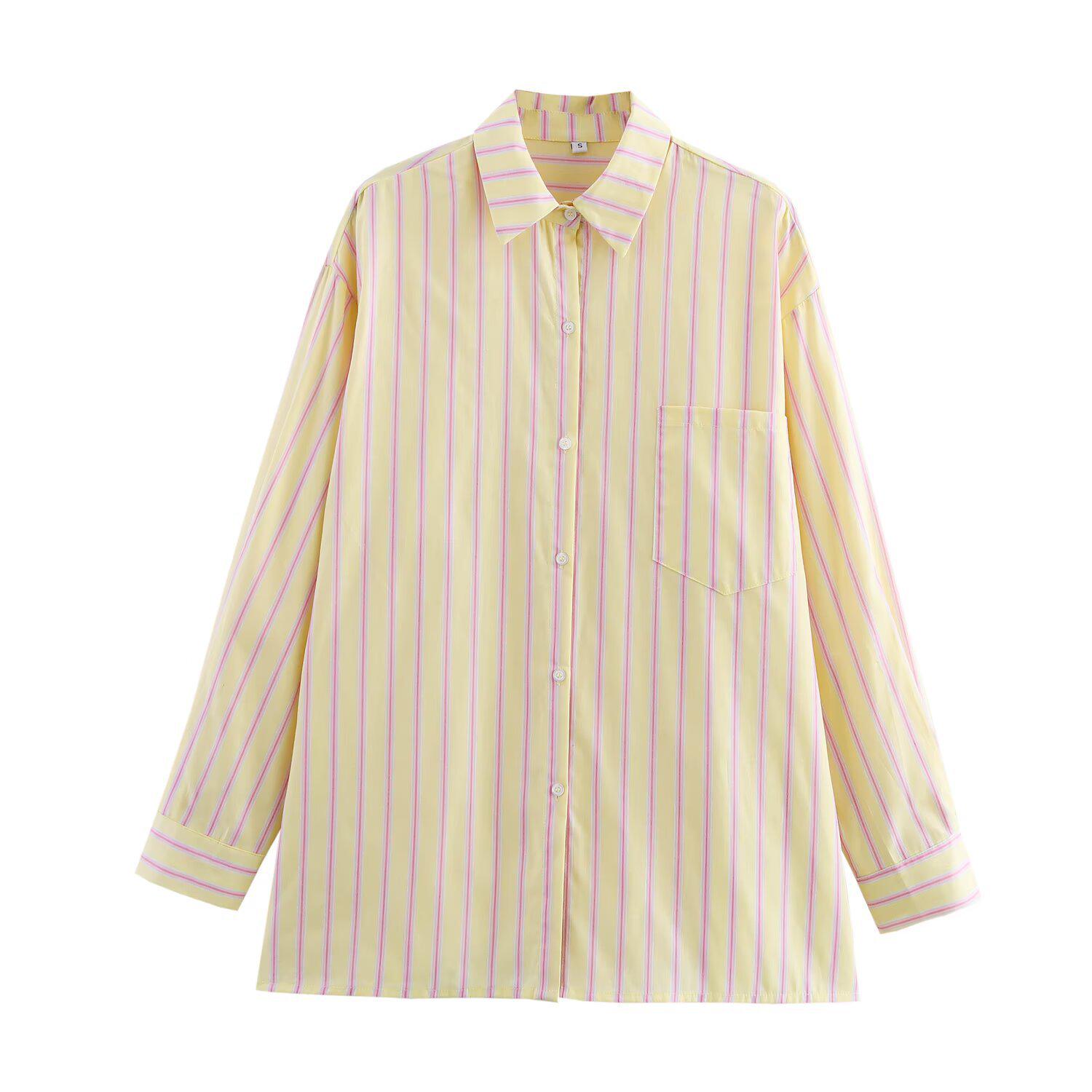 

Весна 2025 Женская Модная Рубашка Свободного Кроя в Европейском и Американском Стиле из 100% Хлопка в Полоску с Длинным Рукавом L жёлтый