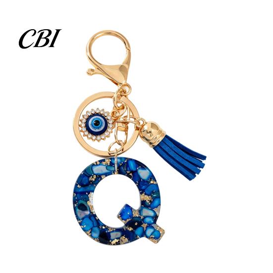 Portable Key Organizer Blue Series Keychain Pendant, Initial Letter Charm Chain with Eyes Tassel Design, A-Z Holder for Bags Backpacks Cars