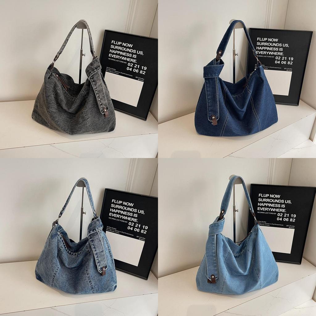 Denim Tote Bag For Women Large Capacity Casual Street Style With Zipper Closure