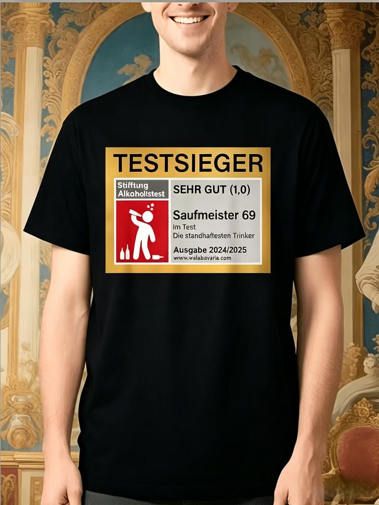 Unisex Black Tee Gerunisex Alcohol Test Funny Label Graphic Print Short Sleeve Loose Casual Top For Adult Male Daily Street Wear