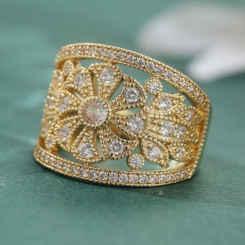 Gorgeous Golden Color Wide Flower Hollow Out Band Rings Female Finger Rings For Party Luxury Synthetic Cubic Zirconia Jewelry