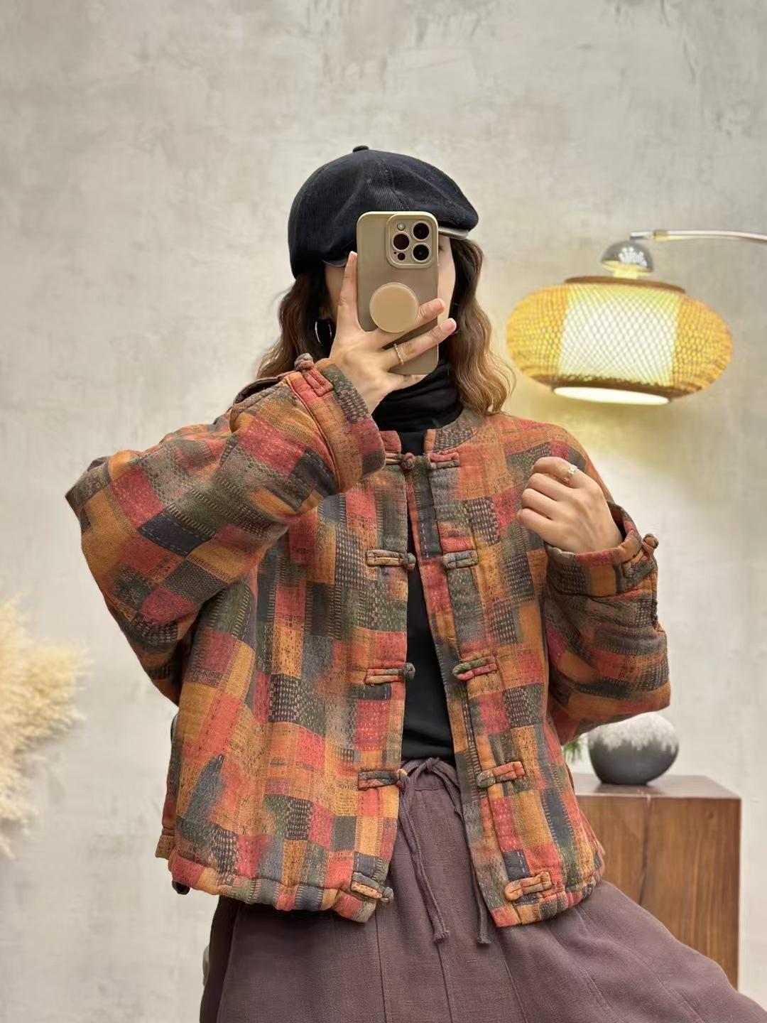 

2025 осень новый продукт ретро твил двухслойный хлопок с длинным рукавом свободный и старый с принтом этнический стиль топ короткое пальто Average size