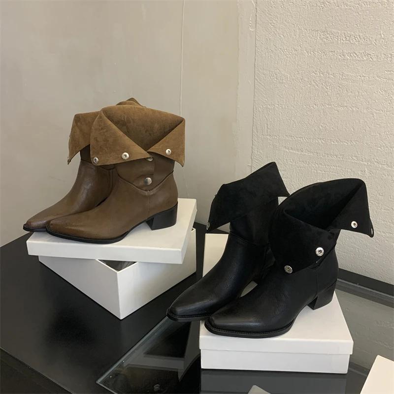 Fashion Eilyken Winter Vintage Fashion Fold Short Pointed Toe Women Ankle Boots Square Low Heels Booties Shoes Zapatos De Mujer