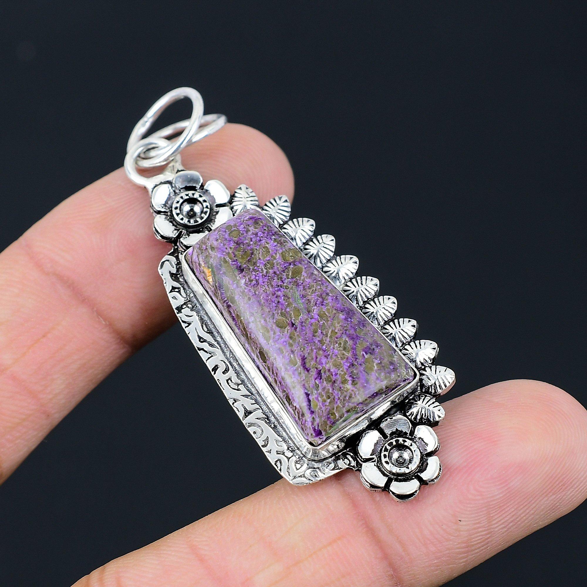 Natural Purpurite Gemstone Pendant Flower 925 Sterling Silver Jewelry For Girls