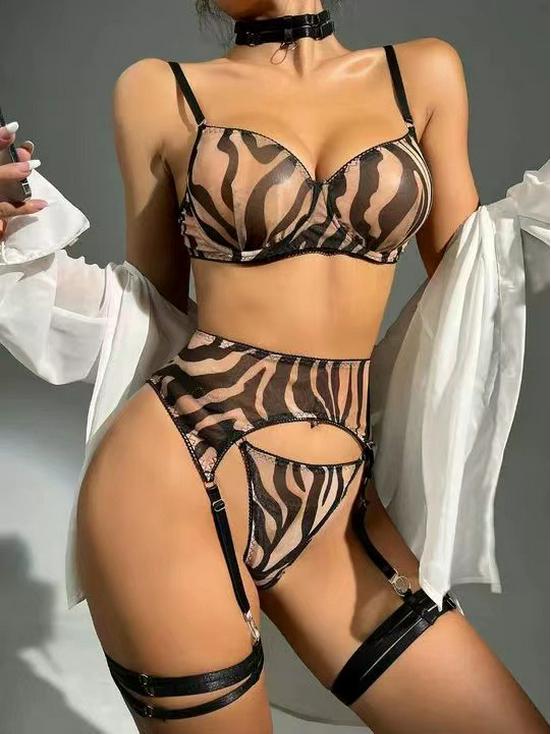 Zebra Pattern Mesh Lingerie - Sexy Three-Piece Set Available Now