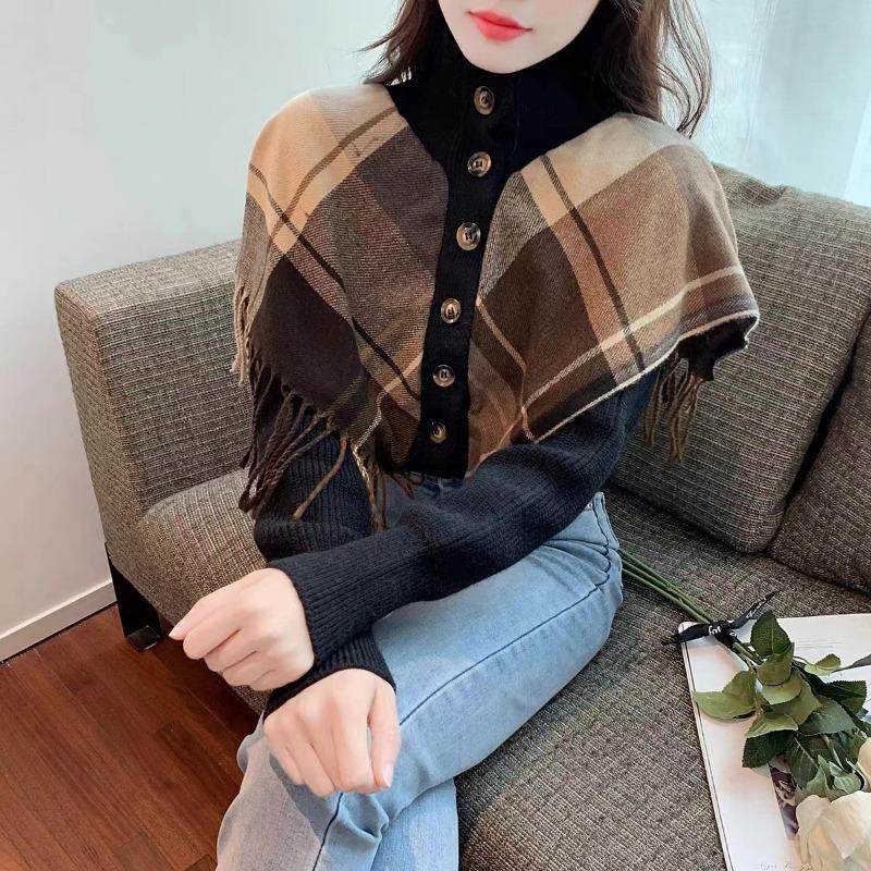 Autumn and winter new turtleneck knitted sweater design plaid fringed shawl fake two-piece knitted cardigan