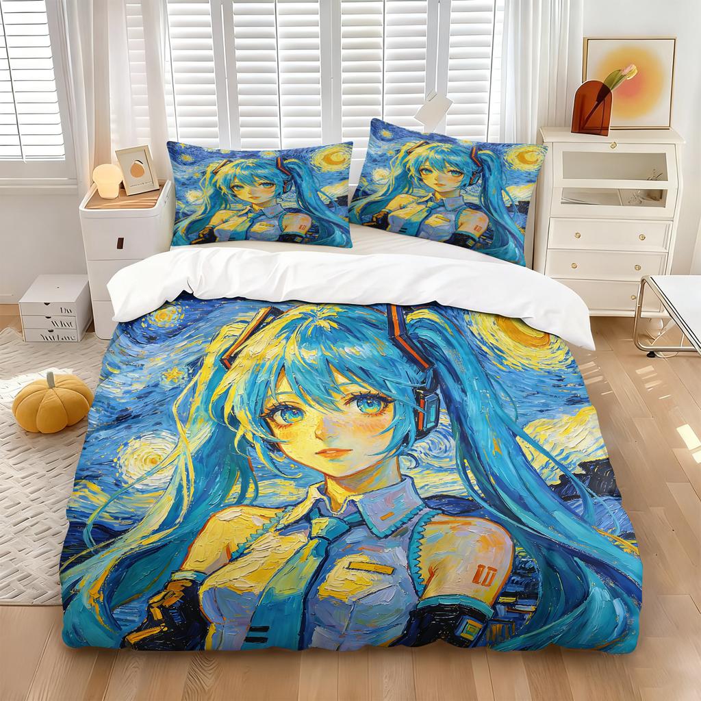 Hatsune Miku Cyberpunk Neon City Duvet Cover Set Anime Bedding With Pillowcases Gaming Room Teen Bedroom Decor Gift For Fans