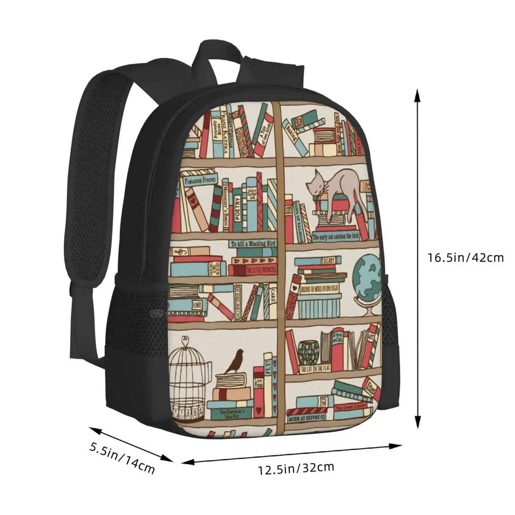 Bookshelf No.2 Pattern Design Bag Student's Backpack Cat Sleeping Bookshelf Hand Drawn Pattern Reading Writer Novel Literature