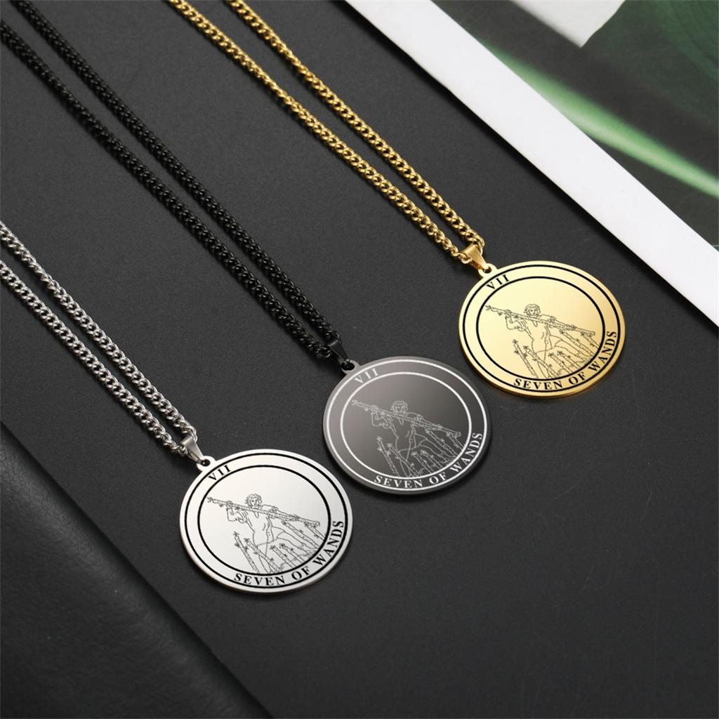 Arcana Tarot Pendant Necklaces Stainless Steel Round Tarot Cards Necklace for Men Vintage Astrology Jewelry Gift
