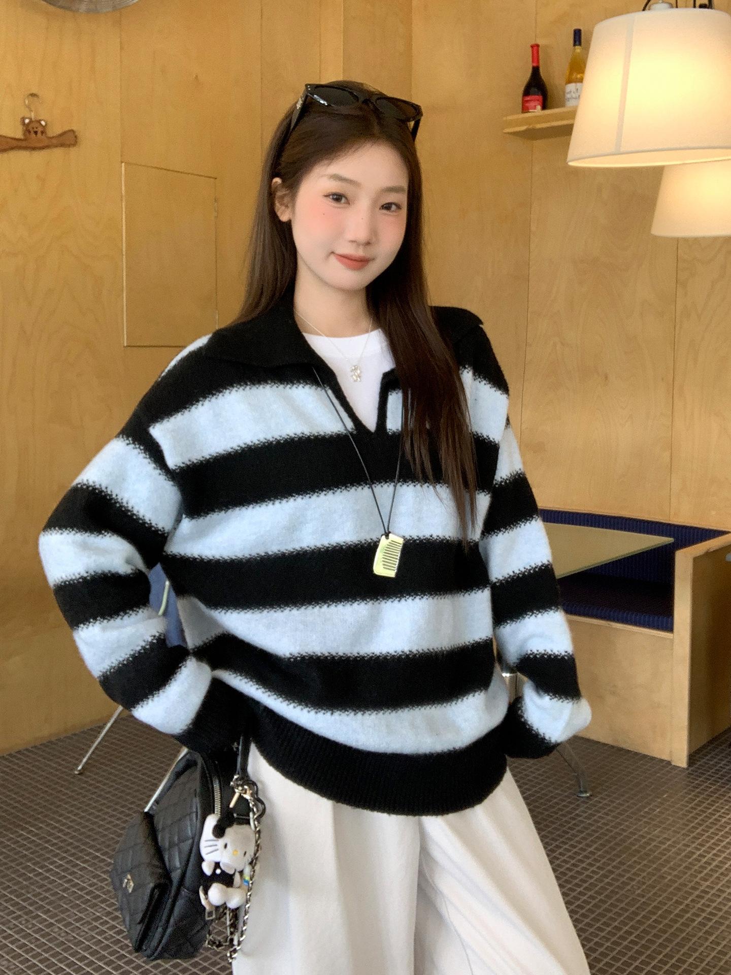 

Korean lapel striped splicing contrasting color knitted sweater women s early autumn loose lazy wind pullover sweater jacket One size fits all