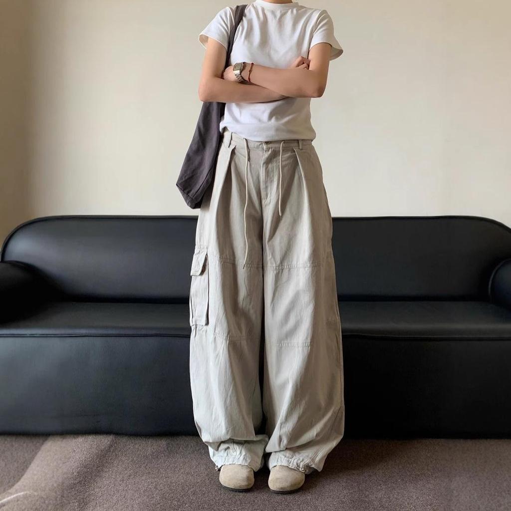 Unisex Summer Retro Wide-Leg Cargo Pants with Drawstring