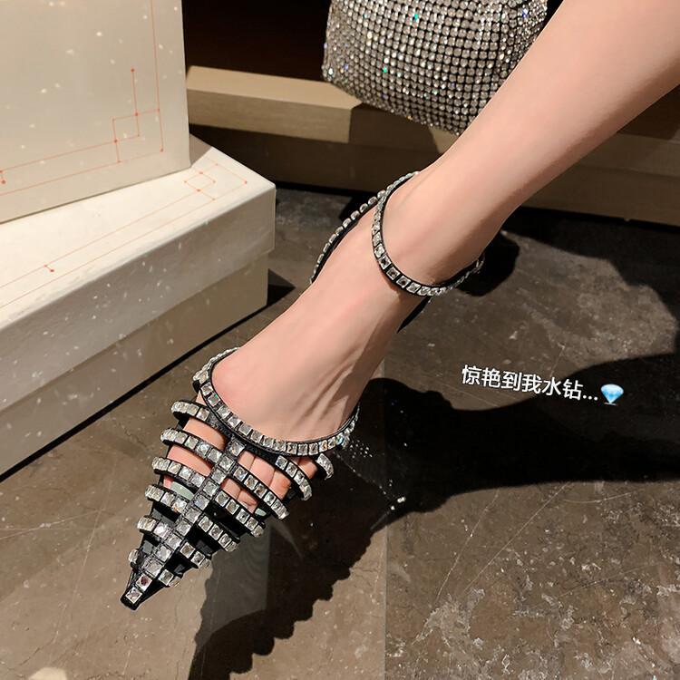 

Fashion sense~ recommended! Design French sexy rhinestone hollow bag head rear thin heel high heel women s sandals 39 чорний