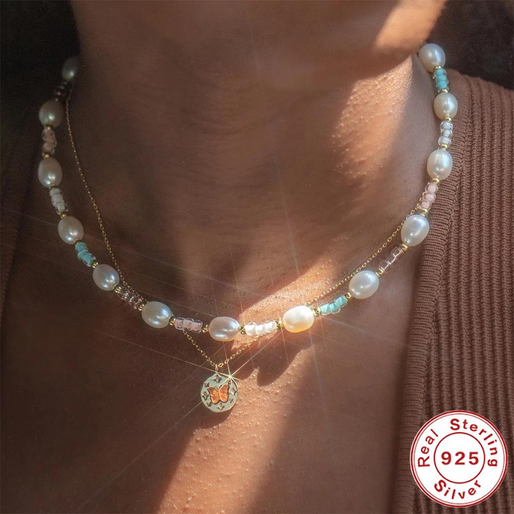 S925 Sterling Silver Wind Round Brand Diamond-Set Fun Butterfly Drop Oil Youth Vitality Clavicle Chain Ladies Necklace