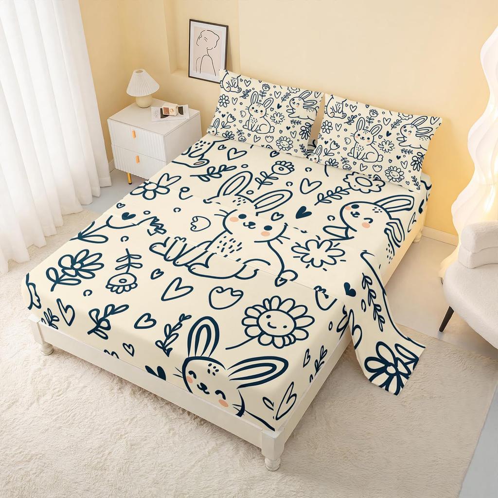 Cartoon Space Bunny Pattern Bed Hat Four-Piece Bedding Set Bedroom Dormitory Bedding Decoration